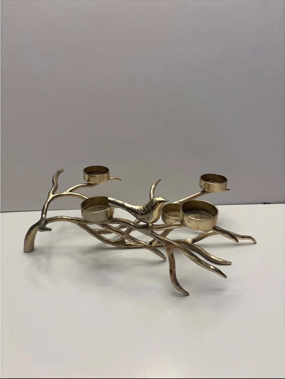 Vintage gold, color, bird and branch five votive candle holder decor